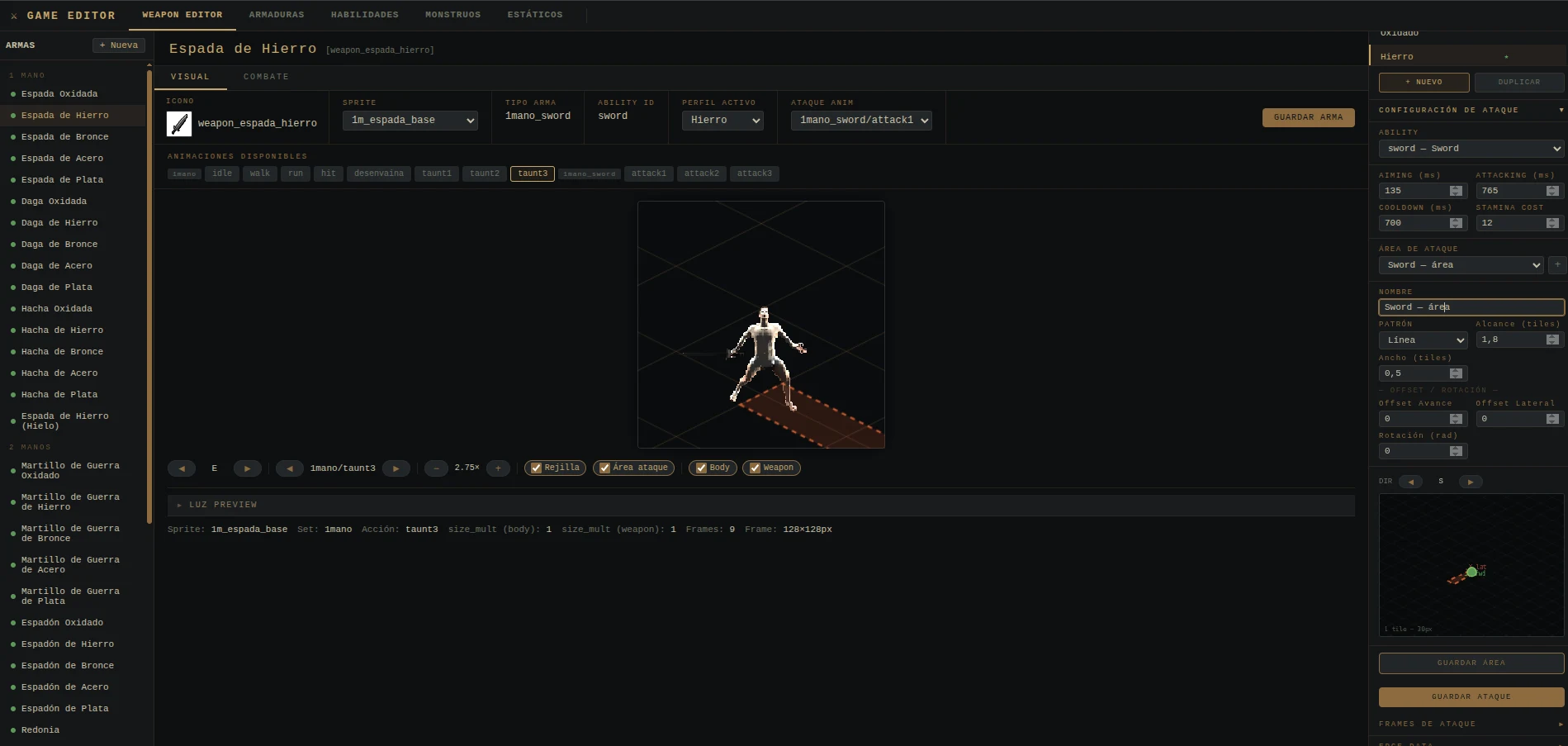 Editor de armas de Venture con previsualización en motor real