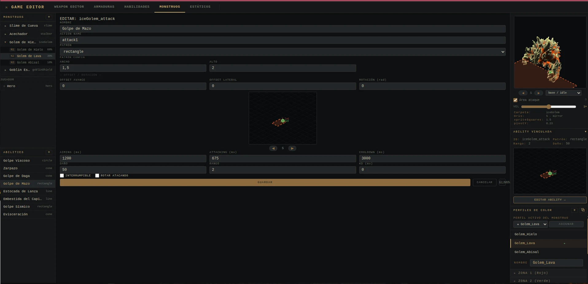 Editor de monstruos de Venture mostrando stats y animaciones