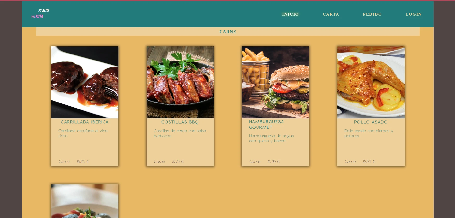Carta de Platos en ruta con productos de la categoría Carne