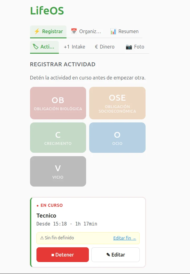 Pantalla de registro de actividad en LifeOS